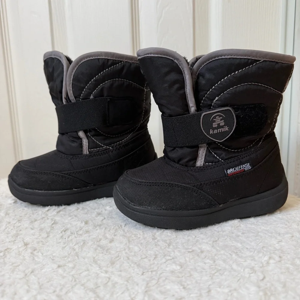 Kamik Kids' Black And Gray Waterproof Snow Boots With Warm Lining Boys Size 9
